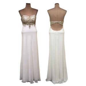 Faviana Maxi Dress Size 4 Ivory Good Beaded Cut Out Open Back Gown